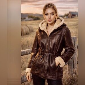 Wilsons Leather Dark Brown Hooded Shearling-Trim Leather Jacket